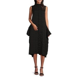 IC Collection Textured Bubble Check Mock Neck Swing Waistless Midi Dress S NWOT